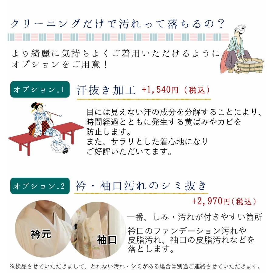 着物 クリーニング 丸洗い 振袖 被布 留袖 訪問着 小紋 長襦袢 帯 羽織 コート 袴 産着 きもの 結婚式 安い 汚れ シミ カビ 絹 洗濯 宅配 リサイクル | ブランド登録なし | 09