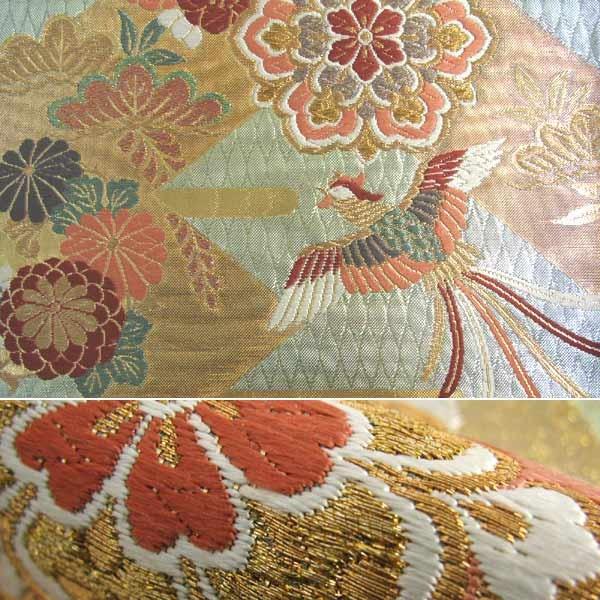 袋帯　お仕立て付　エメラルドグリーンラメ地　ヱ霞に鳳凰華丸紋柄_1