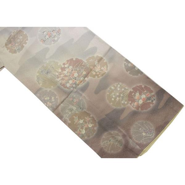 訪問着 仮絵羽 正絹フォーマル着物 袷 渋薄小豆グレー地雲取り雪輪模様