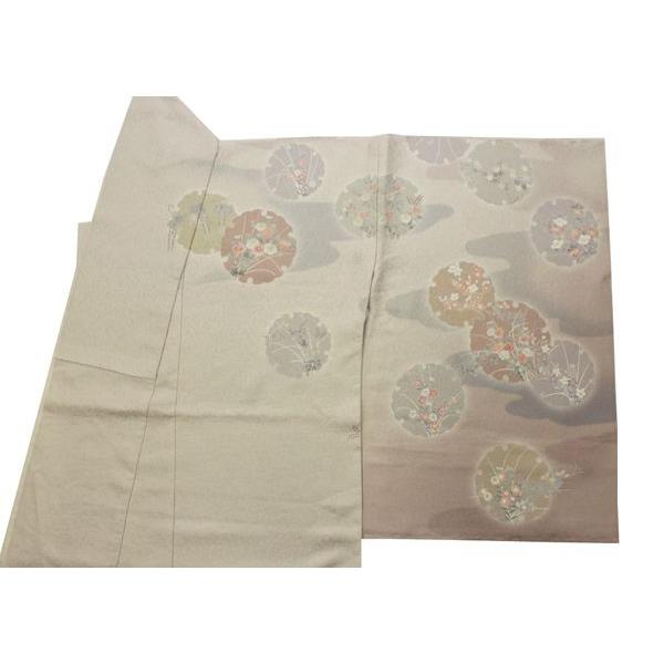 訪問着 仮絵羽 正絹フォーマル着物 袷 渋薄小豆グレー地雲取り雪輪模様