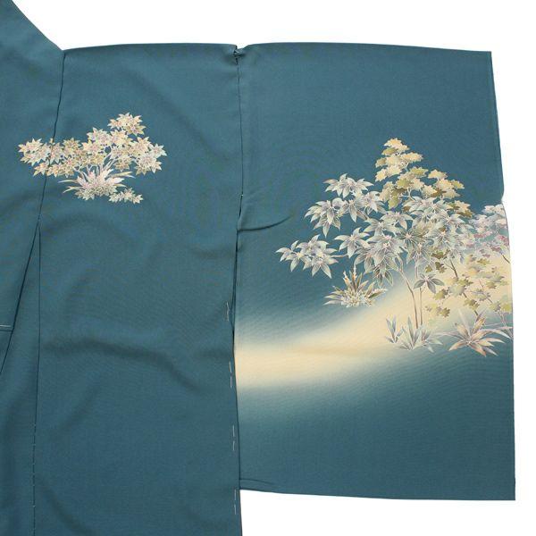 Ki-41 訪問着 蘇州刺繍 浜ちりめん生地使用 仮絵羽 未仕立て品 正絹訪問着 未仕立て 仮絵羽 渋青緑地海賦模様 : 京都 きもの京小町