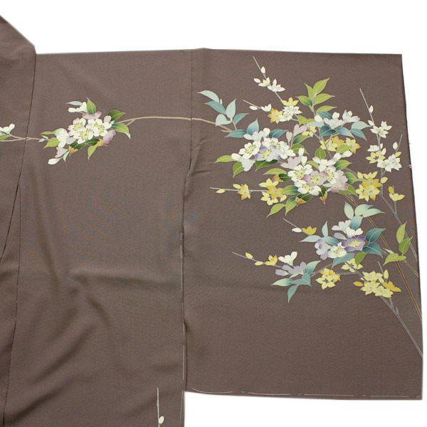 正絹訪問着 未仕立て 仮絵羽 渋紫・薄抹茶染分け地枝桜模様 : 京都