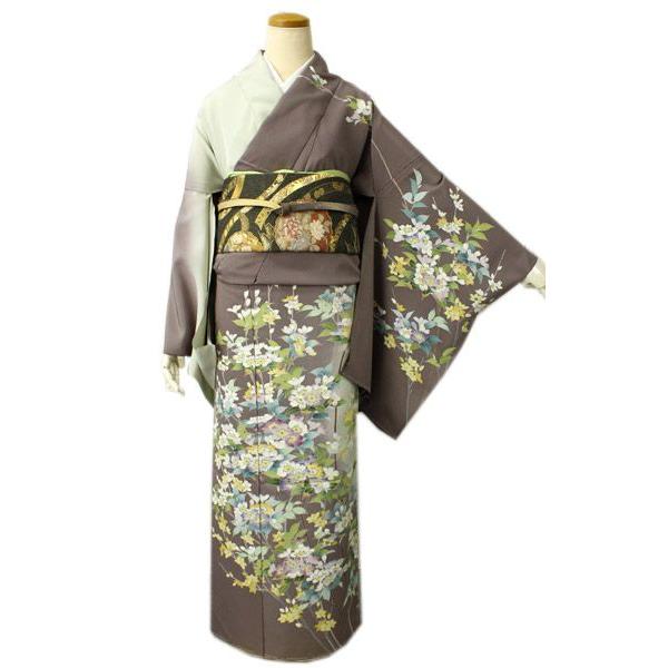 正絹訪問着 未仕立て 仮絵羽 渋紫・薄抹茶染分け地枝桜模様 : 京都