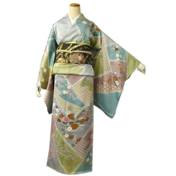 正絹訪問着 未仕立て 仮絵羽 パステル色紙地吉祥花と小紋模様