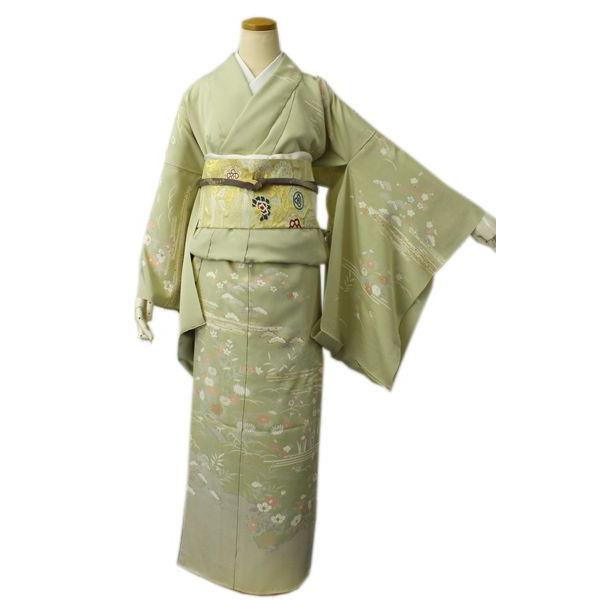 正絹訪問着 未仕立て 仮絵羽 薄抹茶ベージュ地疋田雲どりに吉祥模様