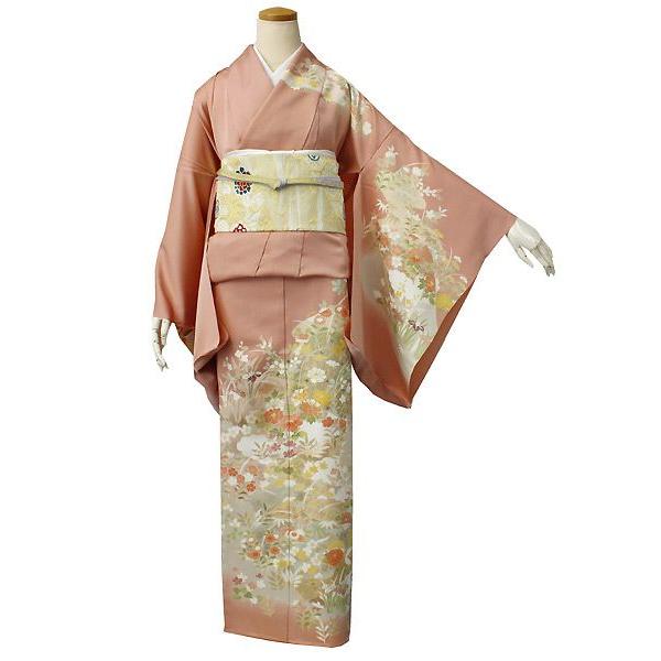 小紋訪問着　墨流し　グラデーション　ぼかし　落款　仮絵羽　未仕立て　在庫保管品 正絹訪問着 未仕立て 仮絵羽 渋サーモンピンク地流水に四季の花模様