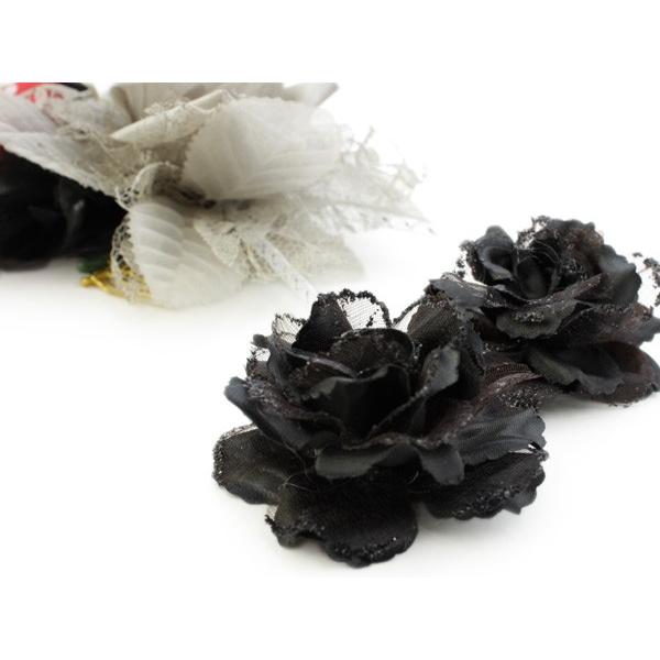 髪飾り コサージュ グレー薔薇にドットリボンと黒薔薇飾り】 帯 花