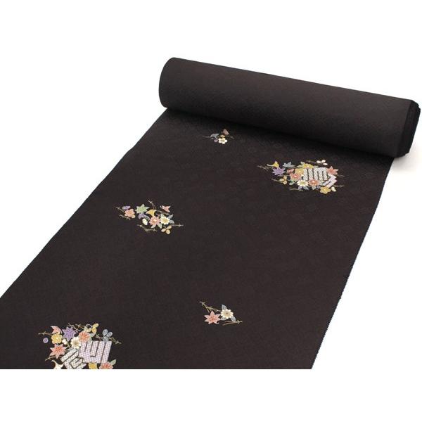 正絹小紋 着物反物 丹後ちりめん 濃茶地秋草と源氏香柄 お仕立て付