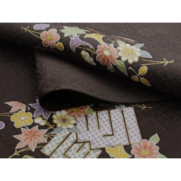 正絹小紋 着物反物 丹後ちりめん 濃茶地秋草と源氏香柄 お仕立て付