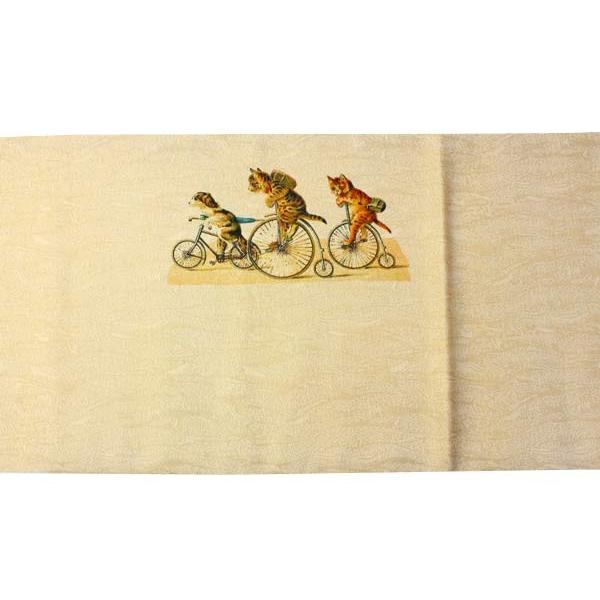 ◇限定Special Price 絹 袋帯 お仕立て付き ベージュ地猫のアンティーク自転車柄 お太鼓柄 洒落 捺染 送料無料 名古屋帯 正絹 九寸名古屋帯 薄黄色 クリーム 風神 切り絵風 紬 染め お太鼓柄 名古屋仕立て カジュアル おび工房 仕立て上がり 送料無料