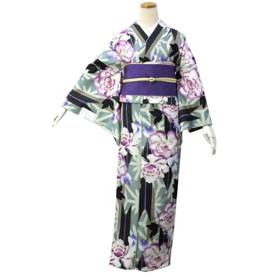 洗える着物 袷 小紋 仕立て上り Mサイズ Lサイズ 黒地破れ麻の葉に牡丹