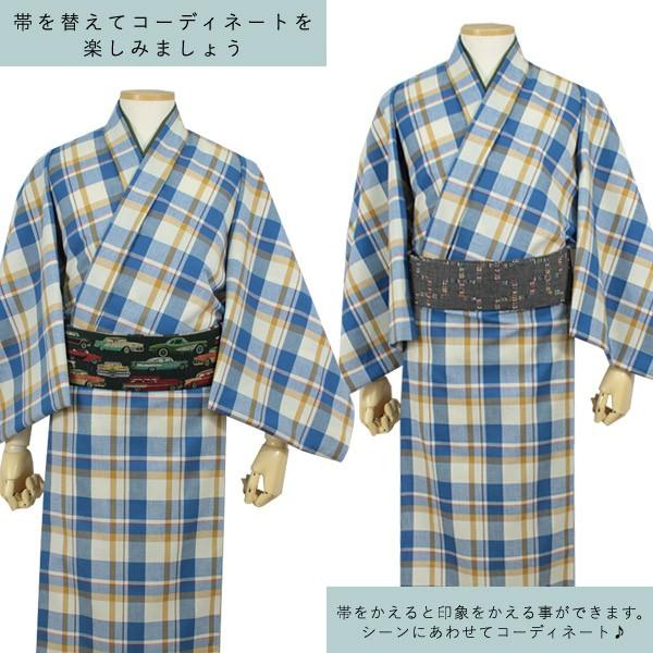 着物 メンズ 片貝木綿 反物 仕立て付き フルオーダー クリーム 青 茶 