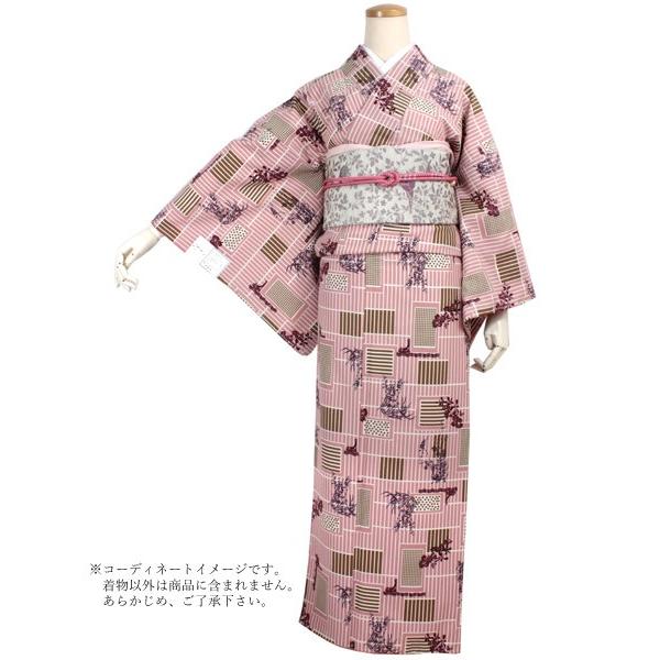 洗える着物 袷 レトロ モダン 小紋 フリーサイズ ピンク ブラウン 格子 蘭 植物 柄 レディース 仕立て上がり 金子みすゞ みすず プレタ ktふに KZの画像