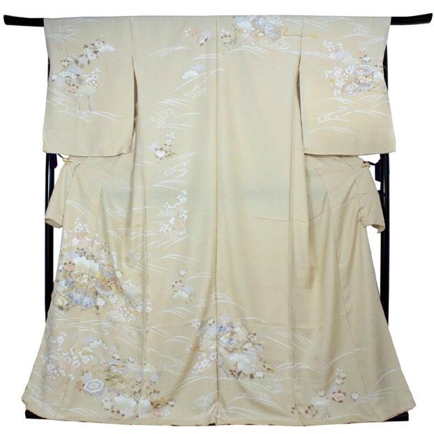 No.2866 未使用シリーズ正絹総刺繍貝桶訪問着　美品 訪問着 正絹 未仕立て ベージュ 花 貝桶車 単品 クリーニング 足袋