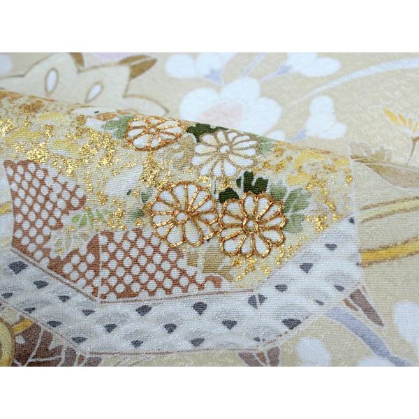 訪問着 正絹 未仕立て ベージュ 花 貝桶車 単品 クリーニング 足袋