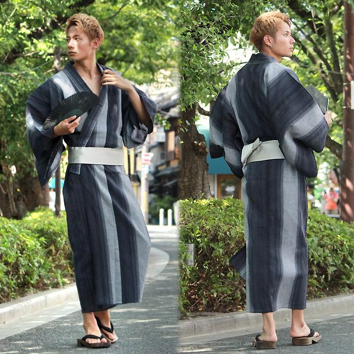 浴衣 メンズ 単品 M L LLサイズ 近江ちぢみ ネイビー グレー 縞
