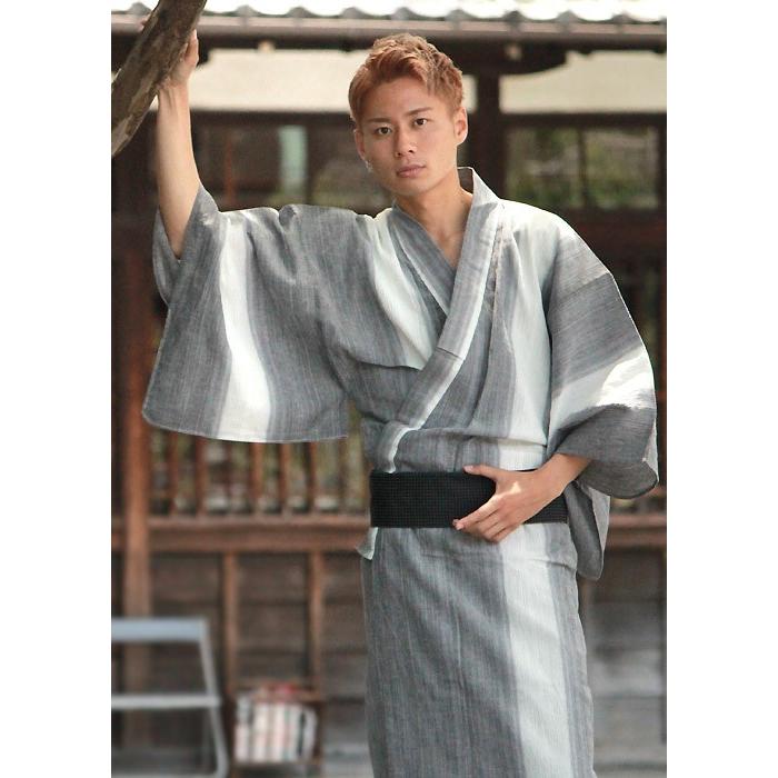 浴衣 メンズ 単品 M L LLサイズ 近江ちぢみ グレー 縞 仕立上がり 大人