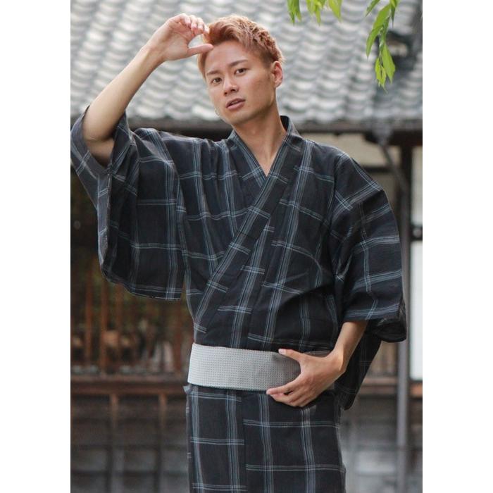 浴衣 メンズ 単品 M L LLサイズ 近江ちぢみ ブラック グレー 格子