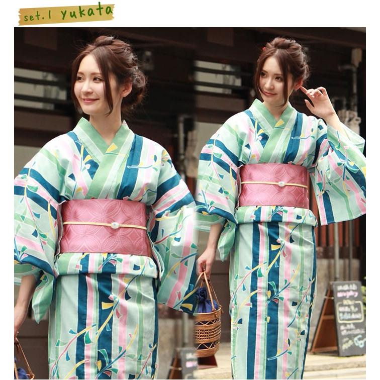 浴衣 レディース セット 3点 （浴衣＋帯＋下駄） フリーサイズ  