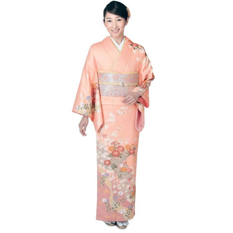 H.L 訪問着 単品 サーモンピンク地 道長取り吉祥花柄 フリー サイズ