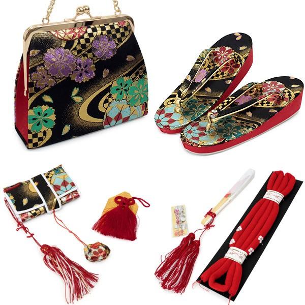 箱迫セット 七五三 7歳 桜 花 手毬 黒 金 赤 緑 ピンク 白