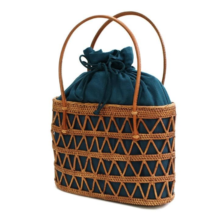 アタバッグ かごバッグ グリーン 巾着付き 楕円型 アタ 雑貨 籠  