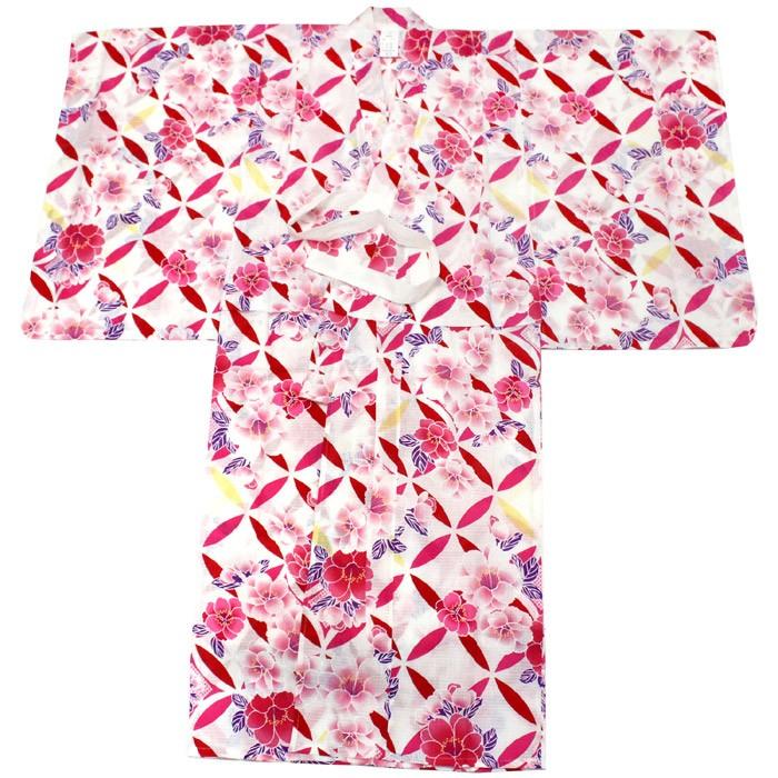 浴衣 子供 単品 女の子 白地 赤 七宝 桜 120 130 ガールズ キッズ