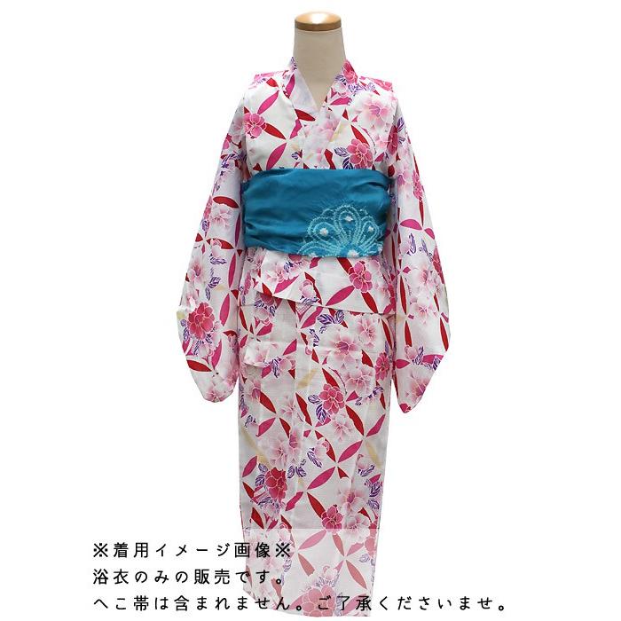 浴衣 子供 単品 女の子 白地 赤 七宝 桜 120 130 ガールズ キッズ