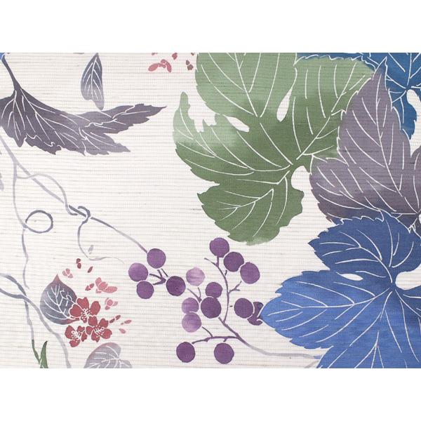 正絹 名古屋帯 単品 紬 生成り 紫 青 緑 葡萄 ボタニカル 柄 染帯 九寸