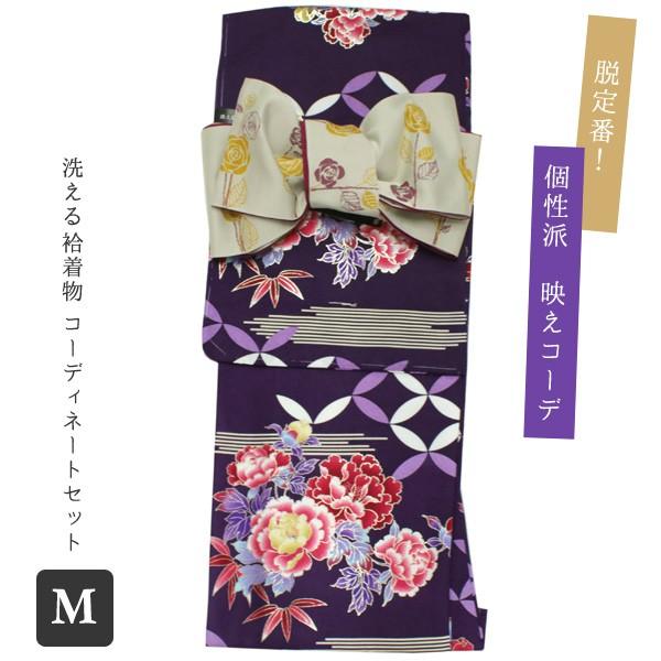 洗える着物 袷 半幅帯 着物セット Mサイズ 映え コーディネート 2点 セット 小紋 レディース 女性 紫 牡丹 きもの 薄ベージュ 薔薇 帯 あすつく Kisumupoly Ac Ke