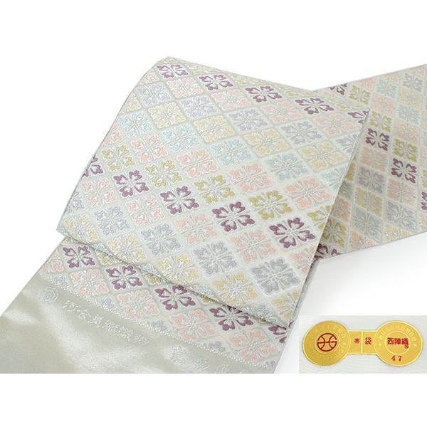 袋帯 絹 仕立て付き ホワイト 花菱 六通柄 西陣織 河合美術織物謹製