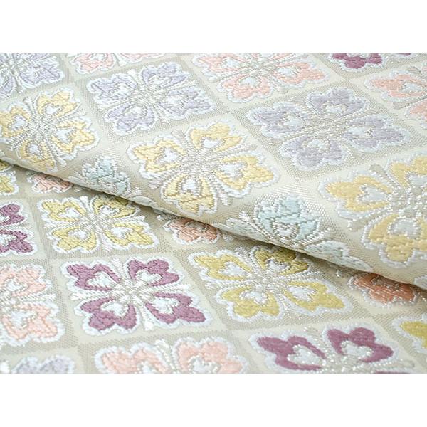 袋帯 絹 仕立て付き ホワイト 花菱 六通柄 西陣織 河合美術織物謹製