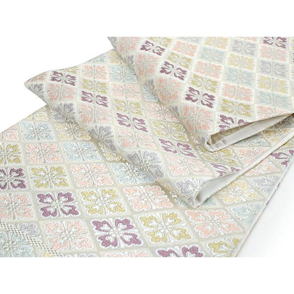 袋帯 絹 仕立て付き ホワイト 花菱 六通柄 西陣織 河合美術織物謹製