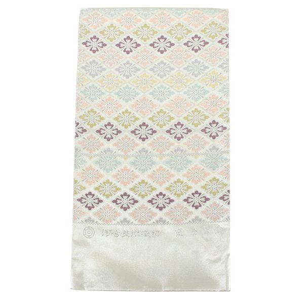 袋帯 絹 仕立て付き ホワイト 花菱 六通柄 西陣織 河合美術織物謹製