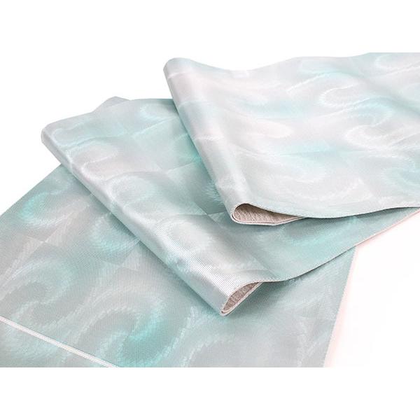 袋帯 絹 六通柄 仕立て付き グリーン 3D 市松 真珠箔 六通 西陣織 浅山