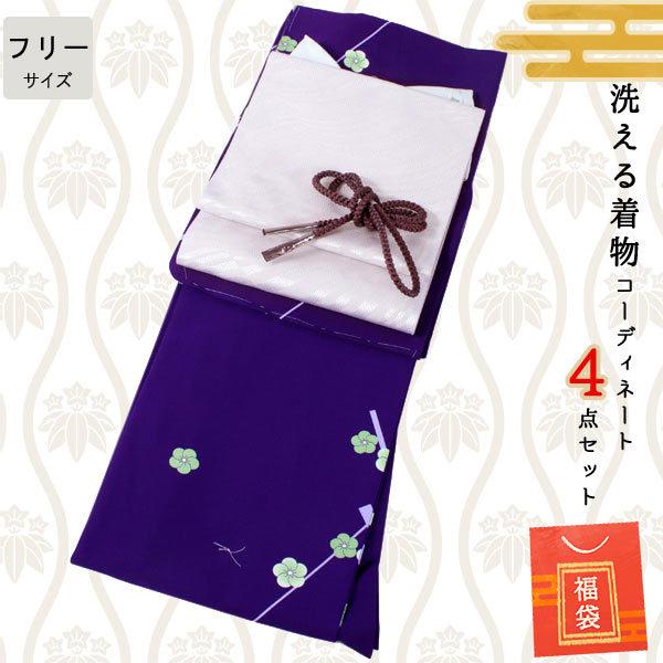 半額品 洗える着物 コーディネートセット 袷 名古屋帯 正絹帯揚げ帯締め フリーサイズ 4点セット 小紋 レディース 濃青紫 槍梅 着物 淡灰紫 幾何学 プレタ 送料無料 保証書付 Homeofmalones Com