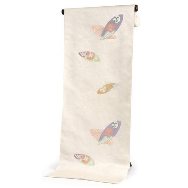 名古屋帯 絹 仕立て付き 九寸 六通柄 カジュアル 西陣織 証紙付き 白地