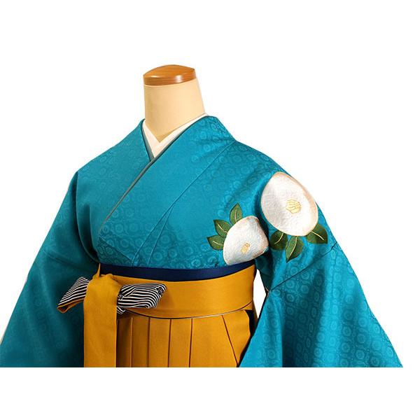 卒業式 二尺袖 着物 袴用 単品 エメラルドブルー 白 椿 紋意匠