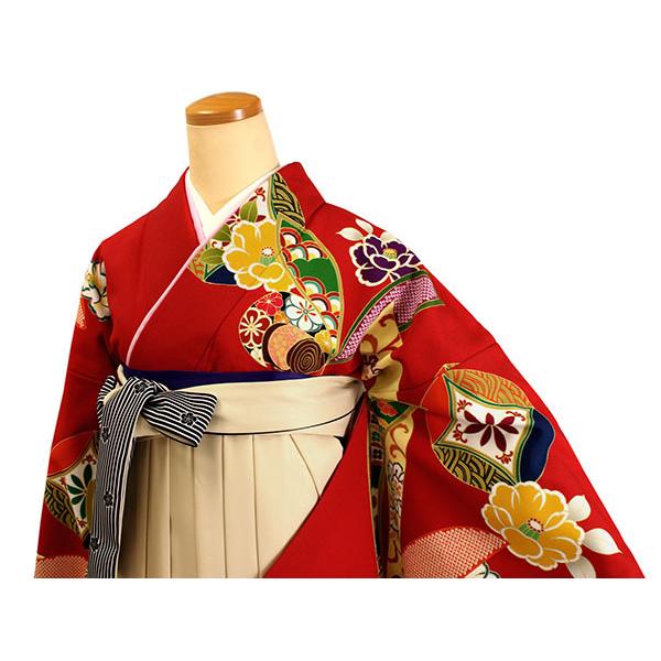 二尺袖 着物 袴フルセット 絵羽柄 ショート丈 赤 袴変更可能 NO36147 卒業式 二尺袖 着物 袴用 単品 絵羽柄 赤 熨斗目 椿 七宝 フリーサイズ