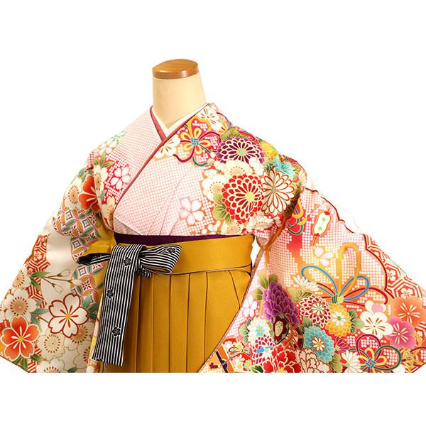 袴セット 白地疋田に花ブーケ からし 袴 卒業式 二尺袖 絵羽柄 大学生 