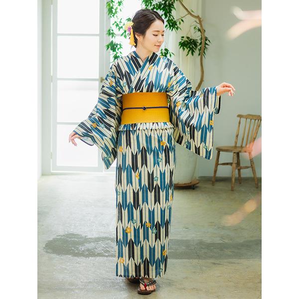送料関税無料 浴衣 レディース 単品 ゆかた 大人 フリーサイズ 綿 麻 レトロ モダン 青 黒 生成り 矢絣 なでしこ 粋 和装 和服 Moe Gov Np