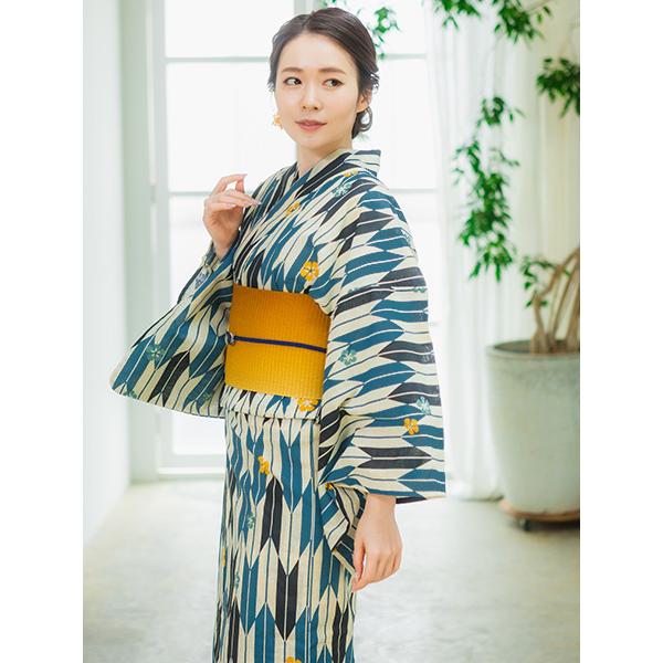 送料関税無料 浴衣 レディース 単品 ゆかた 大人 フリーサイズ 綿 麻 レトロ モダン 青 黒 生成り 矢絣 なでしこ 粋 和装 和服 Moe Gov Np