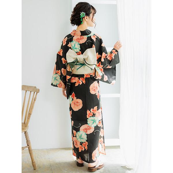 浴衣 帯 下駄 3点セット 朝顔柄 綿麻 浴衣 レディース セット 3点 ( ゆかた 帯 下駄 ) 綿麻 黒地 朝顔 30代