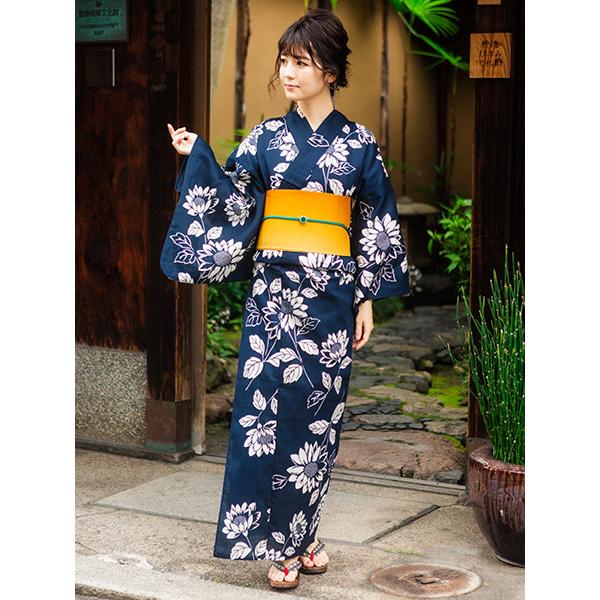 浴衣 レディース セット 3点 ( ゆかた 帯 下駄 ) 綿麻 紺地 ひまわり
