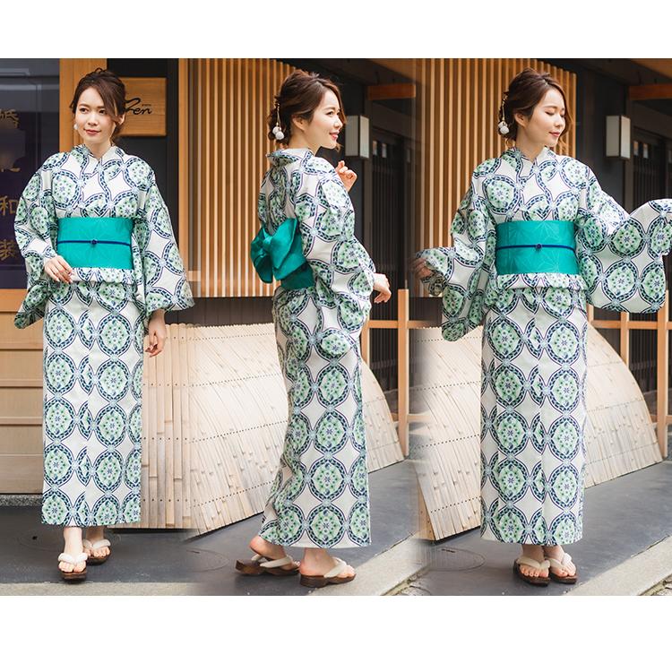 浴衣 レディース セット 3点 ( ゆかた 帯 下駄 ) 綿 白地 花紋 30代 40
