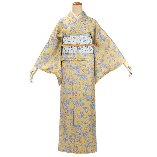 正絹 着物 プレタ 仕立て上がりフリーサイズ 山吹色地 カラフルリーフ 着付け カジュアル レディース 女性 和服の画像