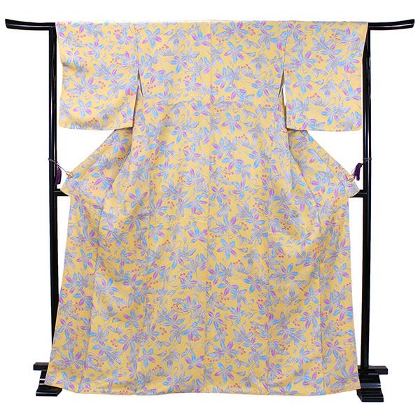 正絹小紋着物デビュー17点フルセット 山吹色地カラフルリーフ】正絹