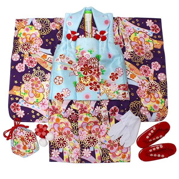 七五三 3歳 女の子 正絹 被布8点フルセット 濃紫地熨斗に花紋 着物