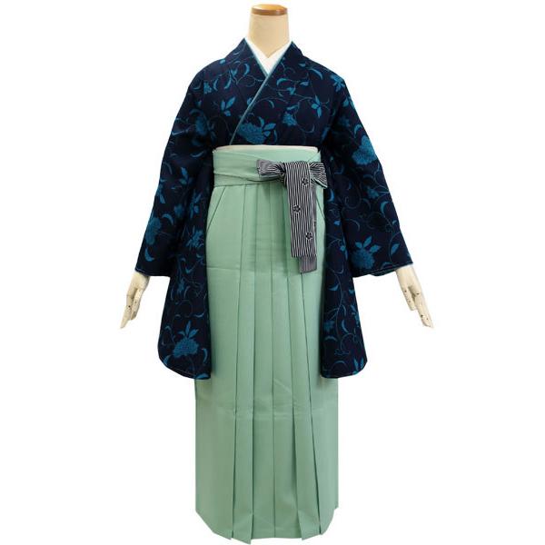 卒業式 二尺袖 着物 袴用 単品 紺色 忍冬柄 フリーサイズ ジュニア