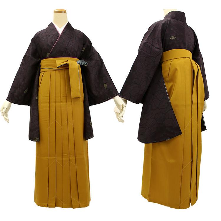 袴セット 紫地牡丹柄着物 マスタードイエロー地市松柄紐袴 卒業式 二尺